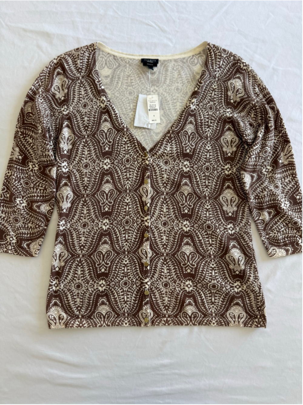 Women's Talbots Pima Cotton Cardigan Sweater Size S Brown Beige Paisley